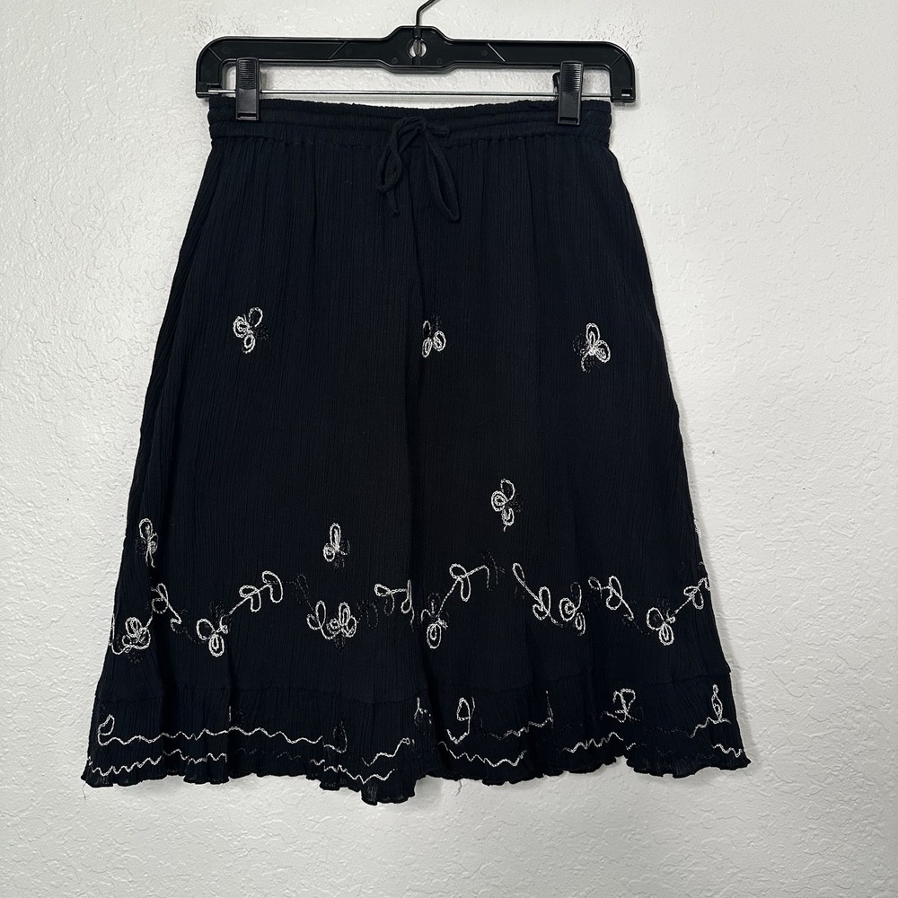 Sand N Sun Black Cotton Gauze Embroidered Ruffle Midi Pull on Skirt